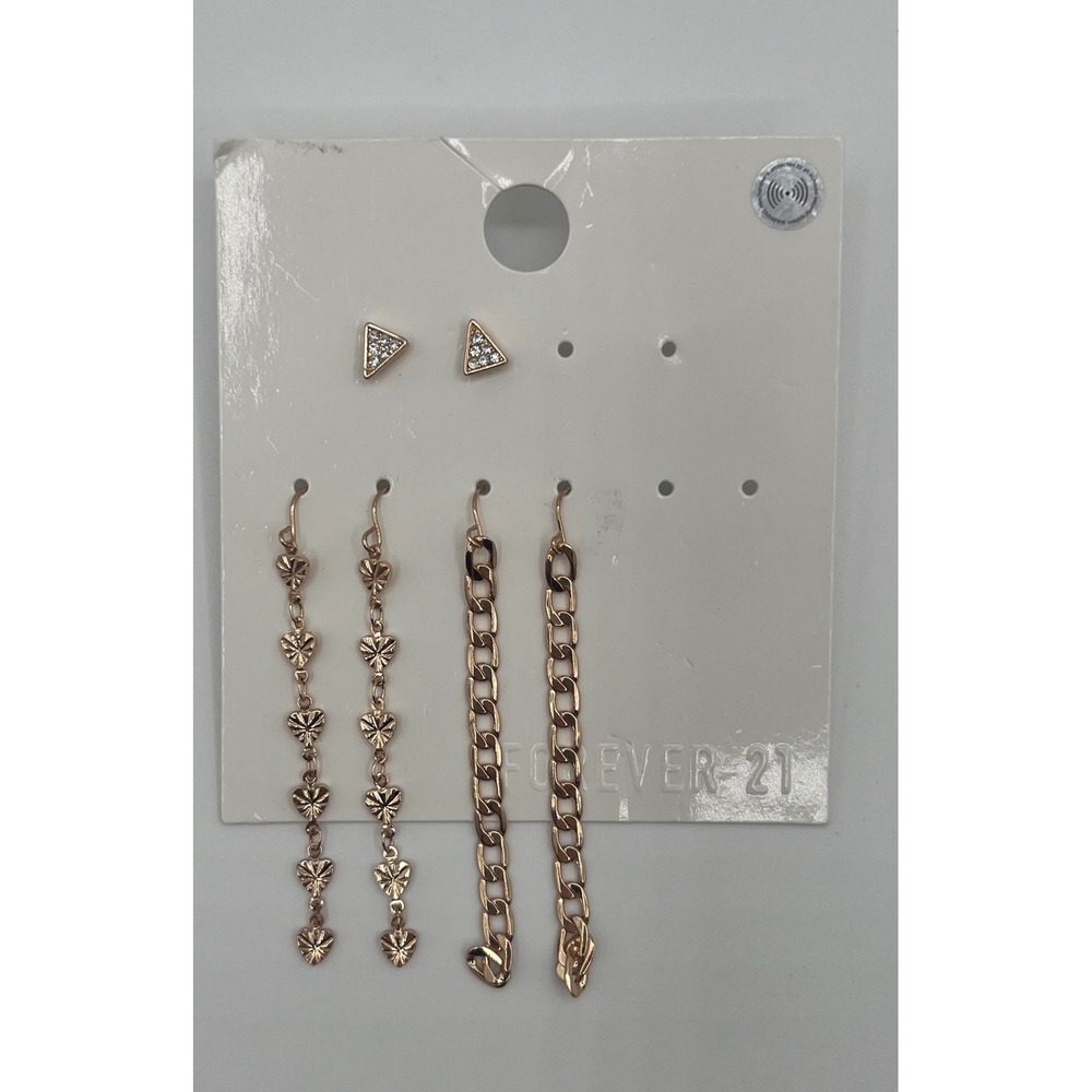 Forever 21 Rose Gold Earring Set Triangle Studs Heart Curb Chain Drops 3 Pairs